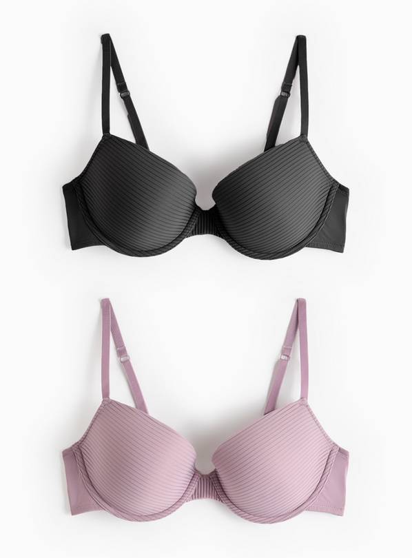 Dark Grey & Lilac Mesh Striped Padded T-Shirt Bra 2 Pack  32D